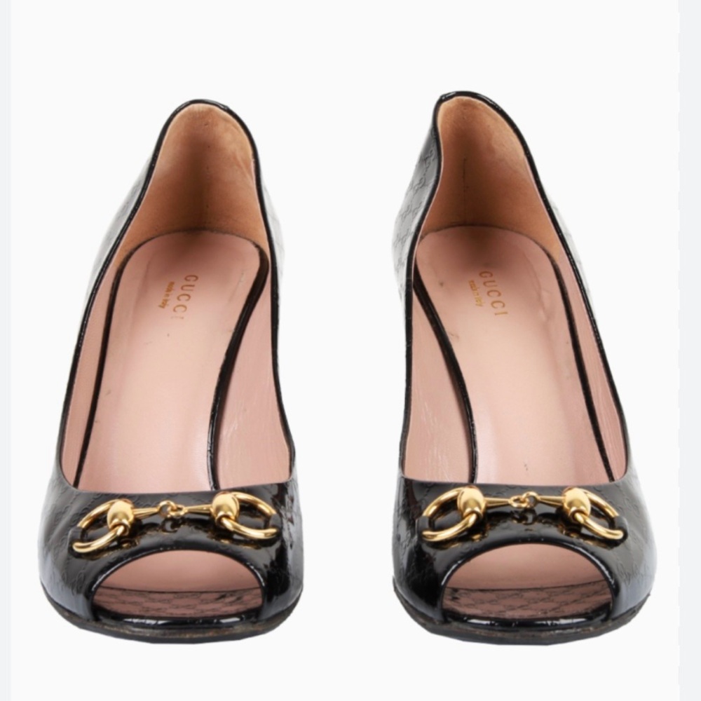 Gucci Horsebit Patent Leather Guccissima Peep Toe Pump Heels - Picture 10 of 10